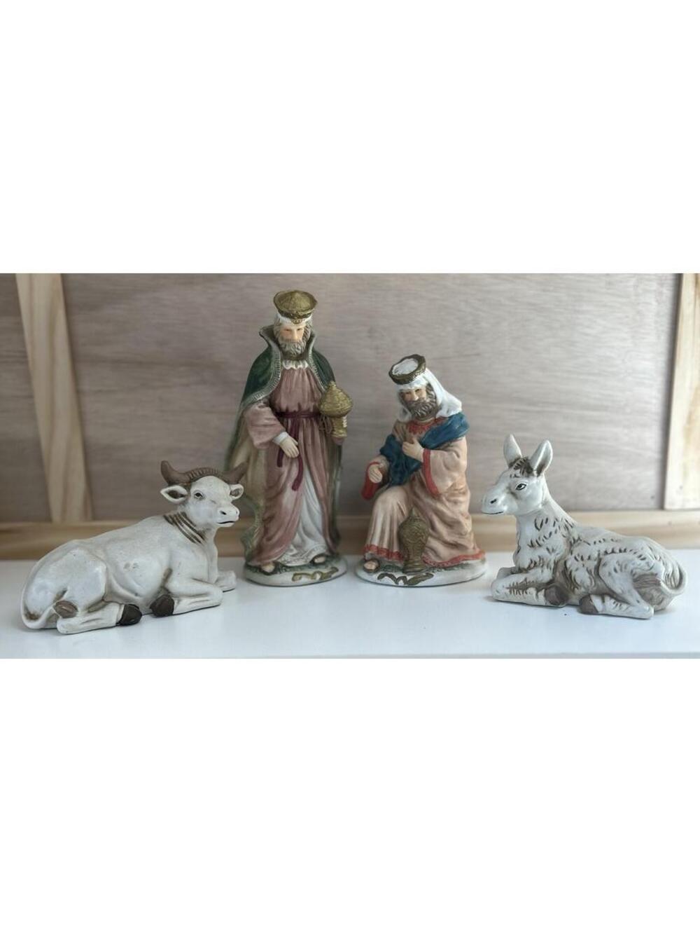4-Piece Christmas Religious Nativity Set Two Wise Men, Cow & Donkey